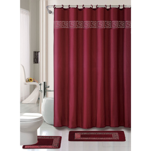 Greek Key Embroidery 15 Pc Bathroom Accessory Set Shower Curtain Ring Hooks Bath