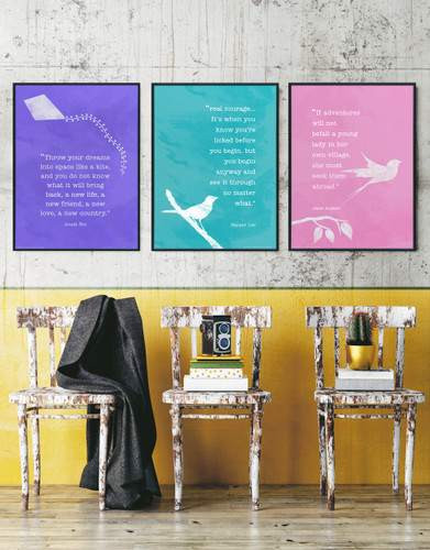 Harper Lee, Jane Austen and Anaïs Nin Fine Art Print Set. Inspirational Quote Posters for Home, Classroom, Library or Nursery