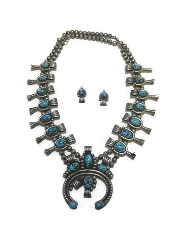 Old pawn Navajo Squash Blossom necklace with earrings.