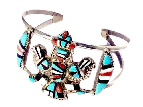 Sleeping Beauty Turquoise, Jet, Coral, and Mother of Pearl Stones
Zuni Inlay Design Crown Dancer Cuff Bracelet
Zuni Native American Jewelry
Handcrafted