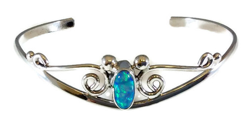 Oval Blue Opal Stone
Drop Swirl Sterling Silver Cuff Bracelet
Navajo Tribe Native American Jewelry
Handcrafted