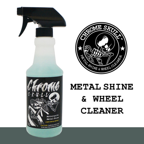 Wheel-eez® Chrome Skull™ is a NEW Motorcycle Shine and Wheel Cleaner. It is safe for ALL Metals, is noncorrosive and nonflammable, which means no flare-ups on hot metal. Like all Wheel-eez products, it is Biodegradable and Safe to handle.
16oz Bottle with Spray Trigger