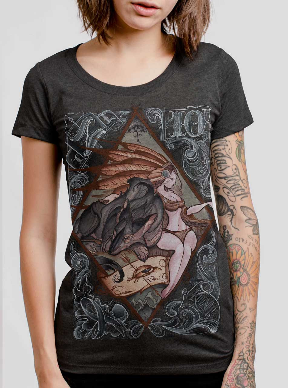Lady and the Wolf - Multicolor on Heather Black Triblend Womens T-Shirt
