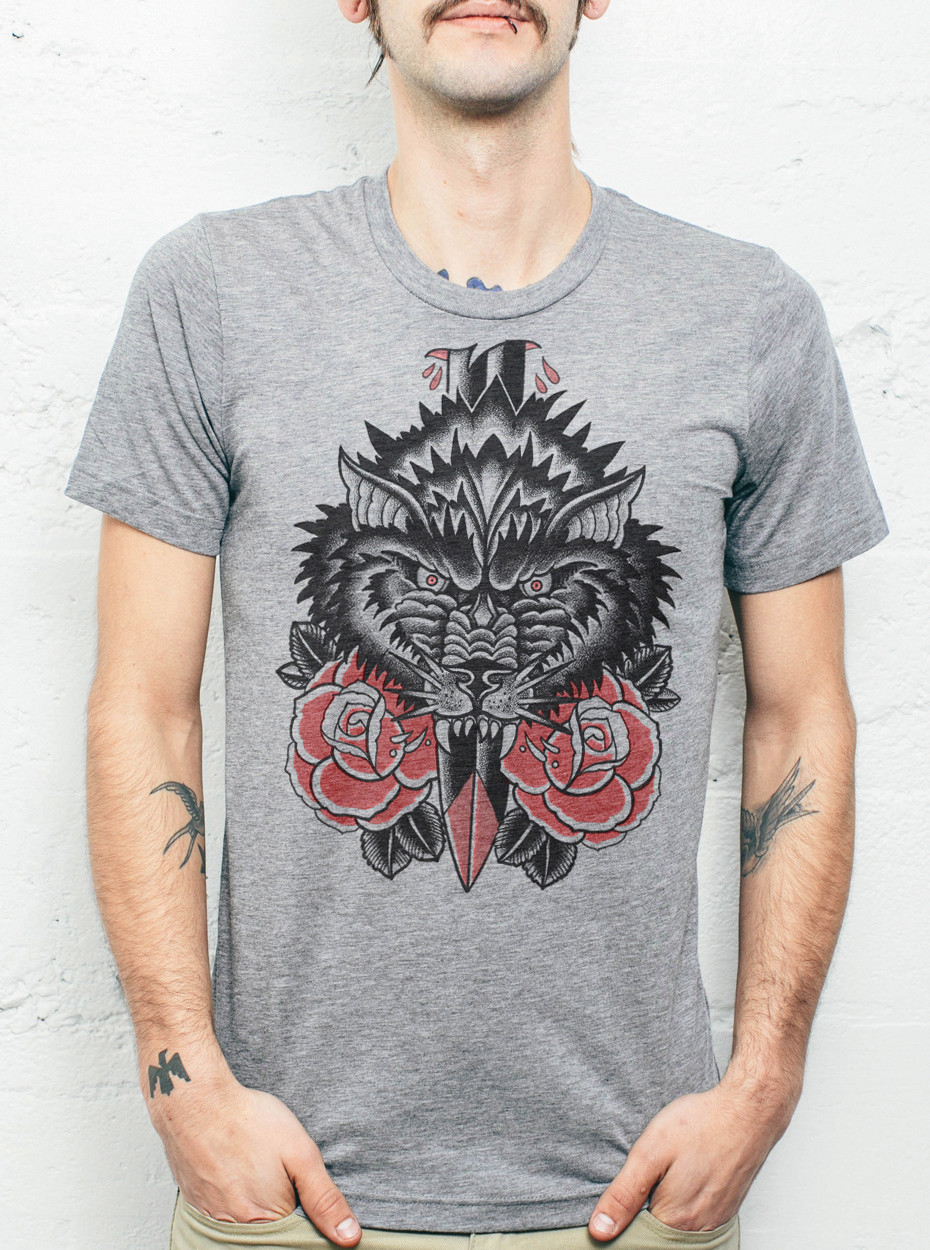 Wolf & Roses - Multicolor on Heather Grey Mens T Shirt