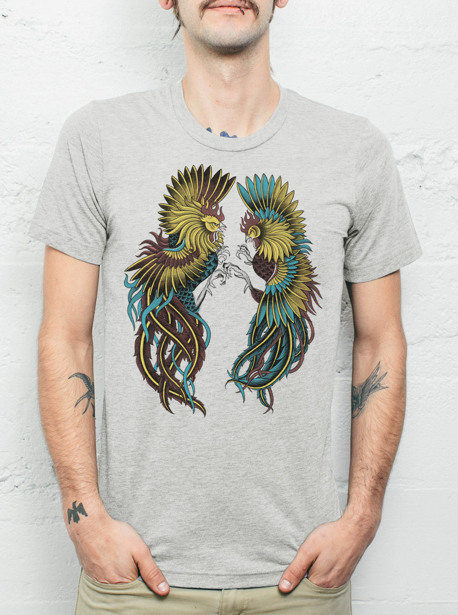 Rooster Fight - Multicolor on Heather Silver Mens T Shirt