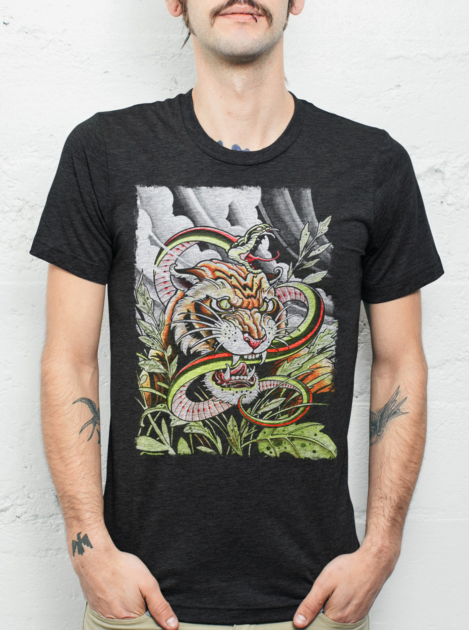 Tiger & Snake - Multicolor on Heather Black Triblend Mens T Shirt