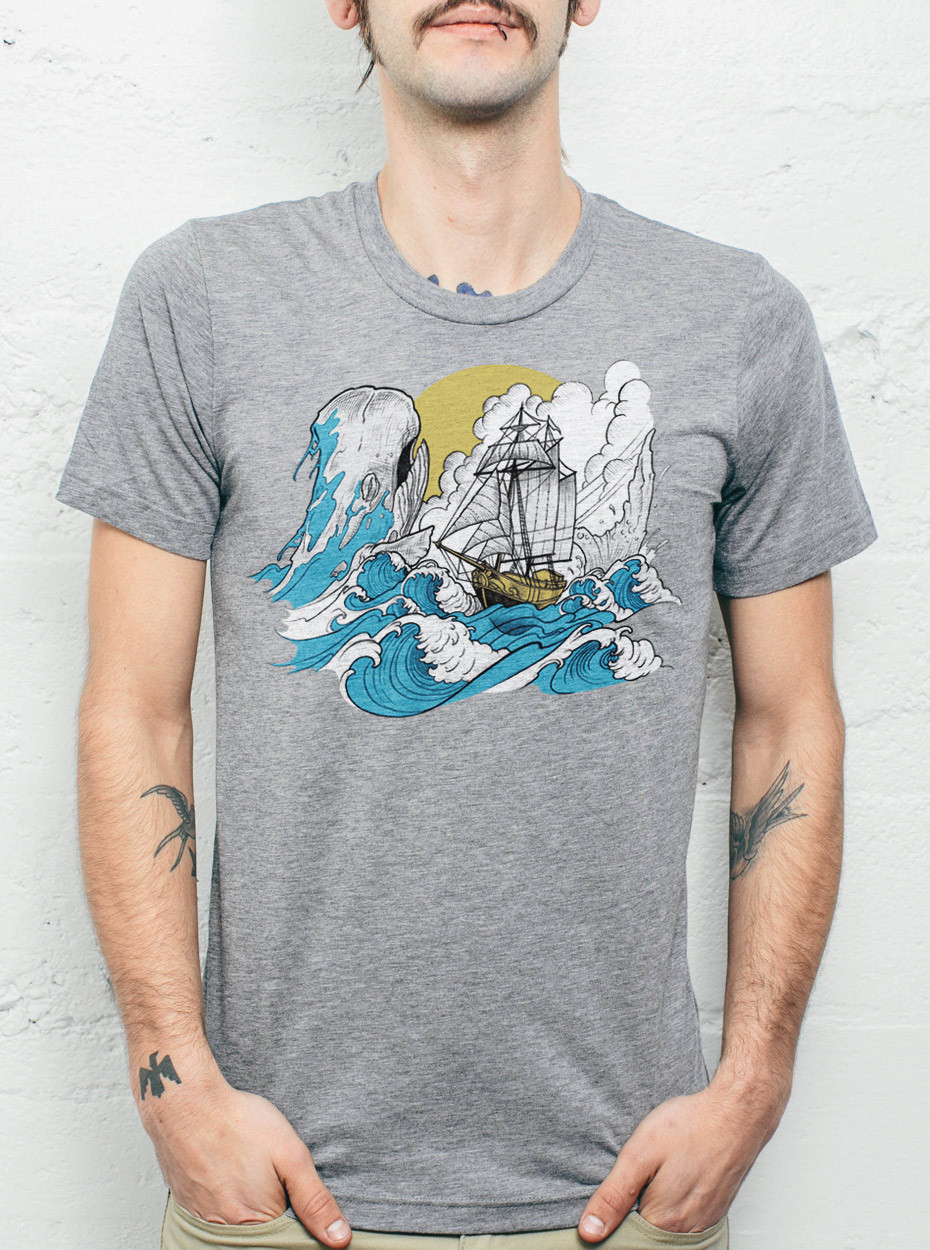 Whale & Ship - Multicolor on Heather Grey Triblend Mens T Shirt
