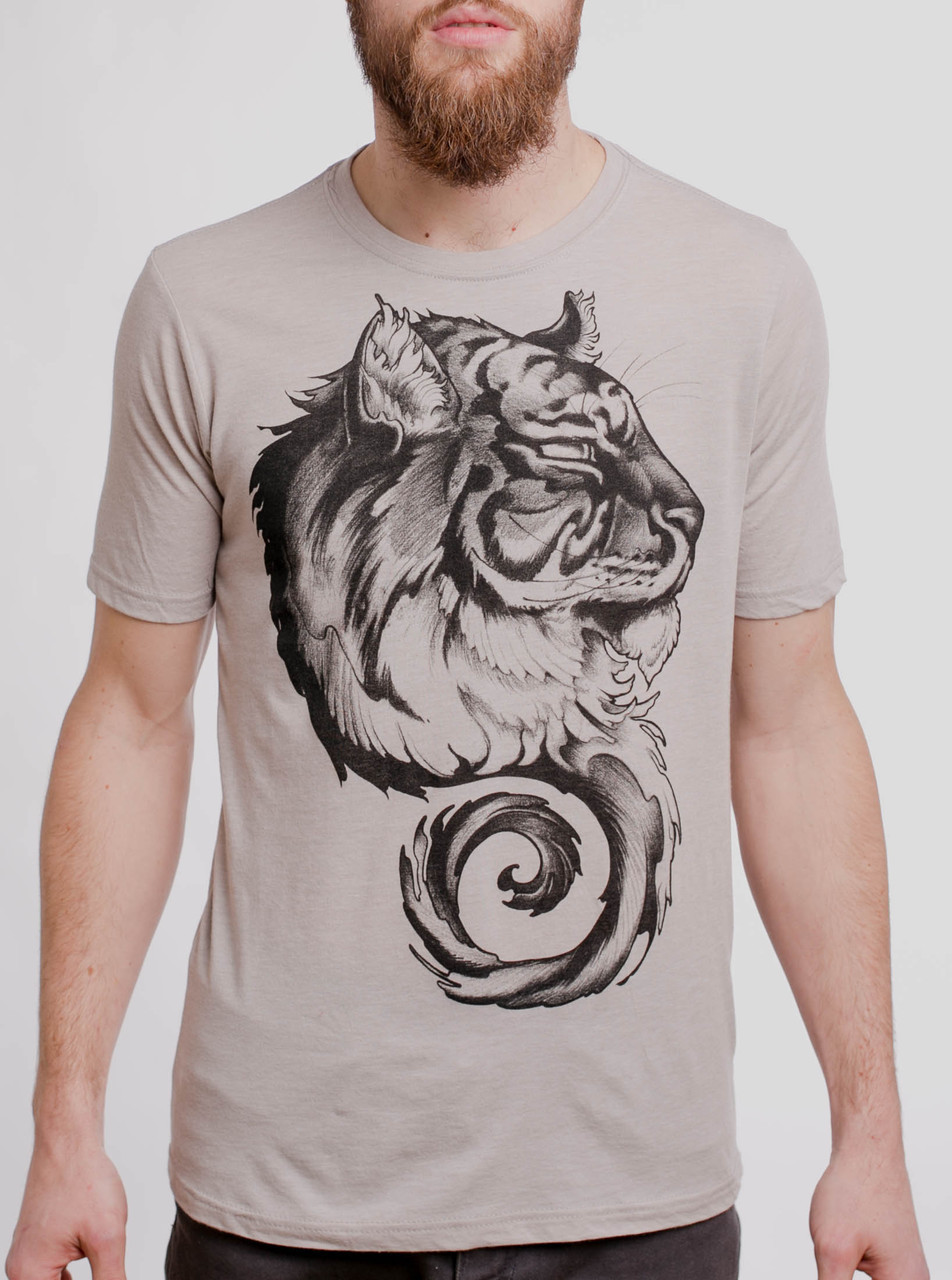 Siberian Tiger - Black on Heather Silver Mens T Shirt