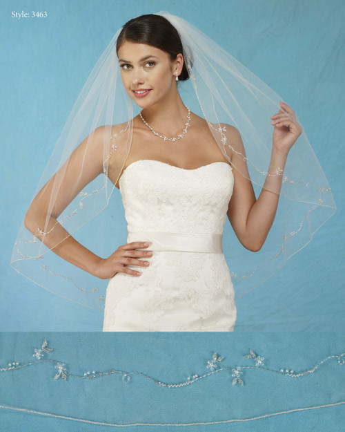 Marionat Bridal Veils 3463 - Beaded Design with Crystals and Pearls, Silver Rolled Edge - The Bridal Veil Company Marionat Bridal Veils 3463 - Beaded Design with Crystals and Pearls, Silver Rolled Edge - The Bridal Veil Company