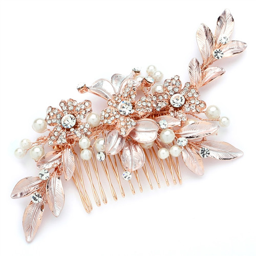 Mariell Rose Gold Bridal Hair Comb with Hand Painted Leaves and Pave Crystals 4437HC-I-RG Mariell Rose Gold Bridal Hair Comb with Hand Painted Leaves and Pave Crystals 4437HC-I-RG