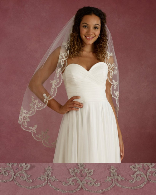 Marionat Bridal Veils 3665 - 42” Long scalloped embroidery with beads and rhinestones - The Bridal Veil Company Marionat Bridal Veils 3665 - 42” Long scalloped embroidery with beads and rhinestones - The Bridal Veil Company