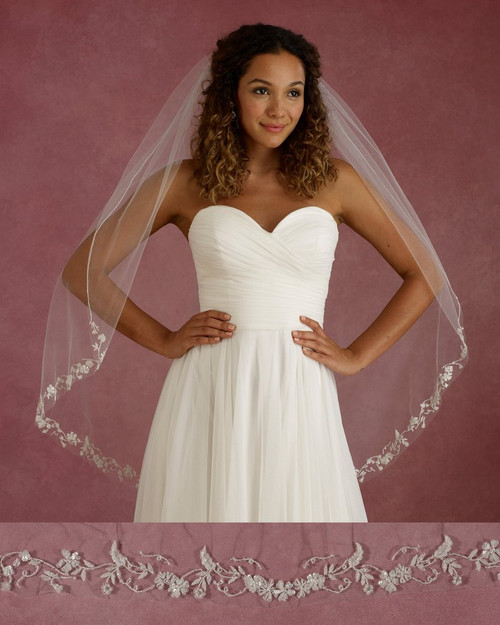 Marionat Bridal Veils 3678 - 42” Long embroidered floral design with sequins - The Bridal Veil Company Marionat Bridal Veils 3678 - 42” Long embroidered floral design with sequins - The Bridal Veil Company