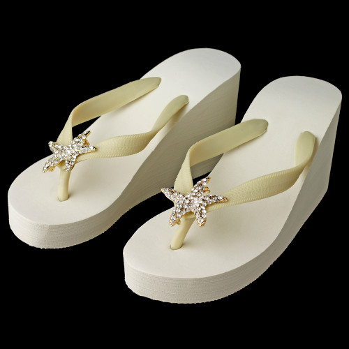 Rhinestone Gold Starfish High Wedge Flip Flops Rhinestone Gold Starfish High Wedge Flip Flops