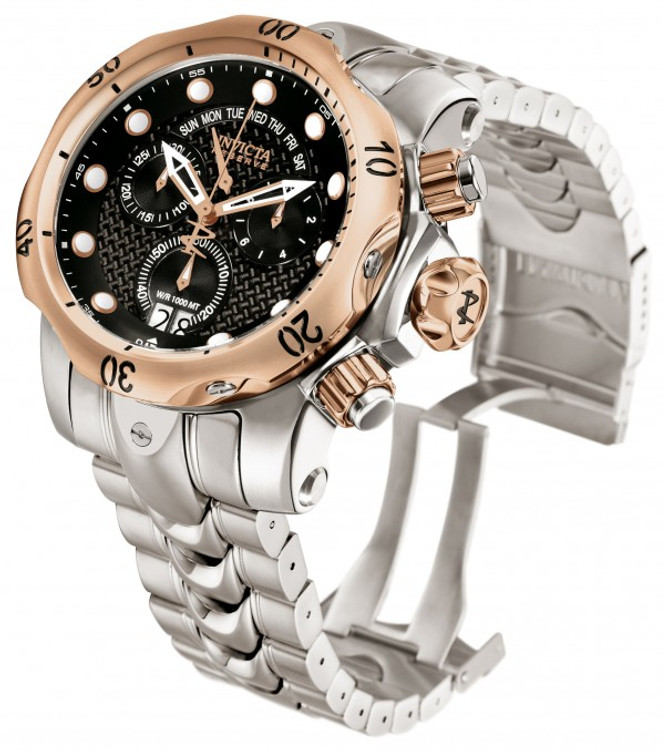 Invicta 1541 Reserve Venom Swiss Made Chronograph Stainless Steel Rose Tone Bezel Black Carbon Fiber Dial Watch w/ Strap | Free Shipping