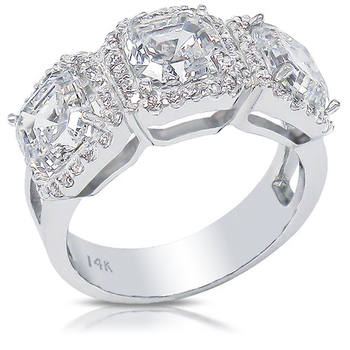 Avalon Three Stone Asscher Halo Designer CZ Ring, 4.05 Carats TW Avalon Three Stone Asscher Halo Designer CZ Ring, 4.05 Carats TW