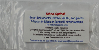 Smart Drill Adaptor, for newer Nidek or Santinelli blocking typically on systems 9000 , Lex1000, LE1000, and ME1000 and newer, one piece (half of pair) Typically sold as pairs so order two pieces. Smart Drill Adaptor, for newer Nidek or Santinelli blocking typically on systems 9000 , Lex1000, LE1000, and ME1000 and newer, one piece (half of pair) Typically sold as pairs so order two pieces.