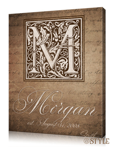 Family name canvas with monogram, Brown