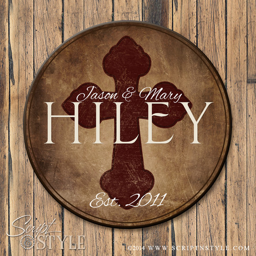 Family Name Sign with Cross-Brown/Wine