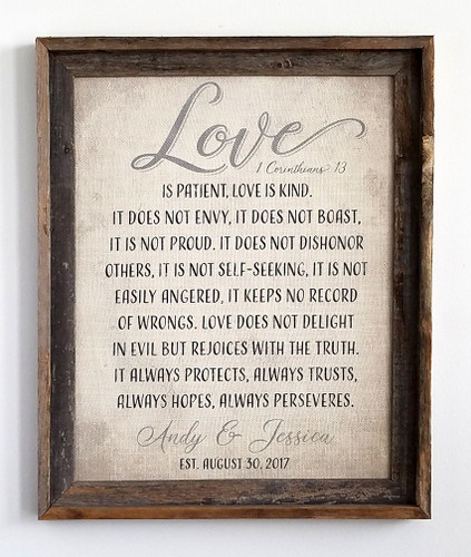 Personalized 1 Corinthians 13 Burlap Sign