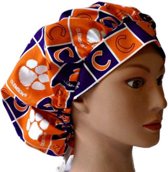 Women's Adjustable Bouffant Surgical Scrub Hat Cap made with Clemson Tigers Squares fabric w/ elastic and cord-lock Women's Adjustable Bouffant Surgical Scrub Hat Cap made with Clemson Tigers Squares fabric w/ elastic and cord-lock
