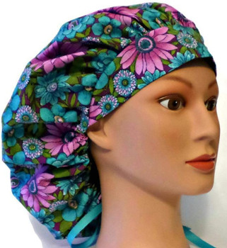 Women's Adjustable Bouffant, Pixie, or Ponytail Surgical Scrub Hat Cap made with Purple Flowers fabric Women's Adjustable Bouffant, Pixie, or Ponytail Surgical Scrub Hat Cap made with Purple Flowers fabric