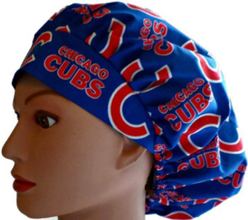 Women's Adjustable Bouffant Surgical Scrub Hat Cap made with Chicago Cubs fabric w/ elastic and cord-lock Women's Adjustable Bouffant Surgical Scrub Hat Cap made with Chicago Cubs fabric w/ elastic and cord-lock
