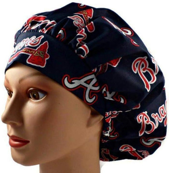 Women's Adjustable Bouffant Surgical Scrub Hat Cap made with Atlanta Braves fabric w/ elastic and cord-lock Women's Adjustable Bouffant Surgical Scrub Hat Cap made with Atlanta Braves fabric w/ elastic and cord-lock