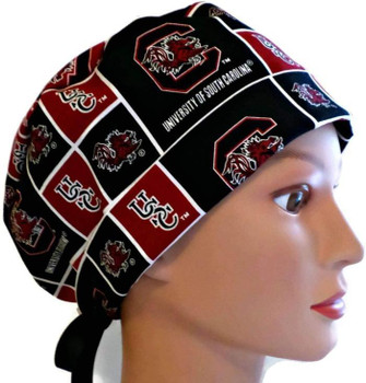 Women's Adjustable Fold-Up Pixie Surgical Scrub Hat Cap made with South Carolina Gamecocks Squares fabric Women's Adjustable Fold-Up Pixie Surgical Scrub Hat Cap made with South Carolina Gamecocks Squares fabric