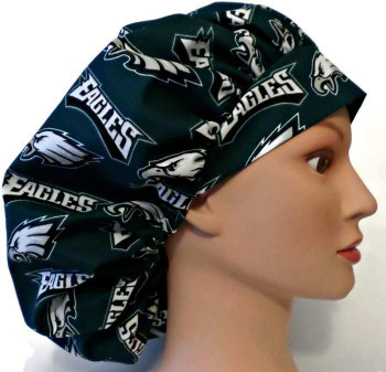 Women's Adjustable Bouffant Surgical Scrub Hat Cap made with Philadelphia Eagles fabric w/ elastic and cord-lock Women's Adjustable Bouffant Surgical Scrub Hat Cap made with Philadelphia Eagles fabric w/ elastic and cord-lock
