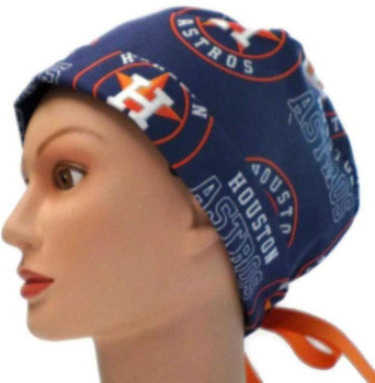 Women's Adjustable Fold-Up Pixie Surgical Scrub Hat Cap made with Houston Astros fabric Women's Adjustable Fold-Up Pixie Surgical Scrub Hat Cap made with Houston Astros fabric