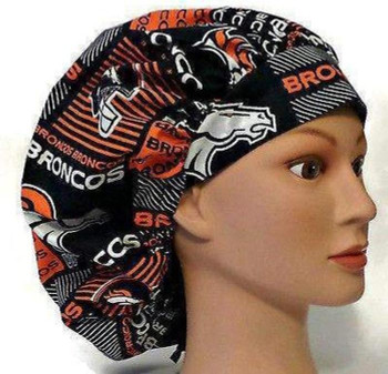 Women's Adjustable Bouffant, Pixie, or Ponytail Surgical Scrub Hat Cap made with Denver Broncos Squares fabric Women's Adjustable Bouffant, Pixie, or Ponytail Surgical Scrub Hat Cap made with Denver Broncos Squares fabric