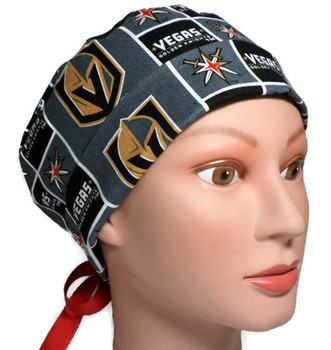 Women's Adjustable Fold-Up Pixie Surgical Scrub Hat Cap made with Vegas Golden Knights fabric Women's Adjustable Fold-Up Pixie Surgical Scrub Hat Cap made with Vegas Golden Knights fabric
