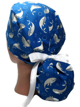 Women's Adjustable Ponytail Surgical Scrub Hat Cap made with Dancing Whales fabric Women's Adjustable Ponytail Surgical Scrub Hat Cap made with Dancing Whales fabric