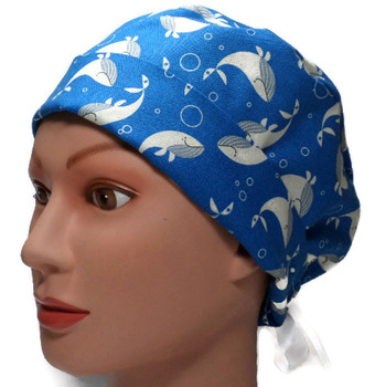 Women's Adjustable Fold-Up Pixie Surgical Scrub Hat Cap made with Dancing Whales fabric Women's Adjustable Fold-Up Pixie Surgical Scrub Hat Cap made with Dancing Whales fabric