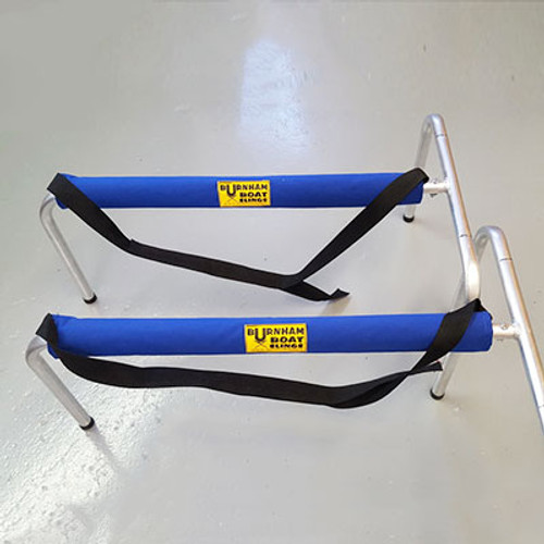 Low stands ideal for eights and quads. Store your larger rowing shells out of the way. These "LowBoy" T Stands are very durable and long-lasting. Great for race day or in house storage. Our stock color is Burnham Boat Slings Marine Blue.