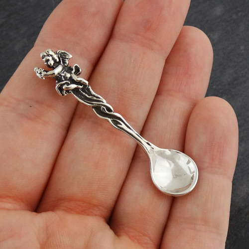 Cupid Handle Salt Spoon 925 Sterling Silver Collectible Flatware Round NEW