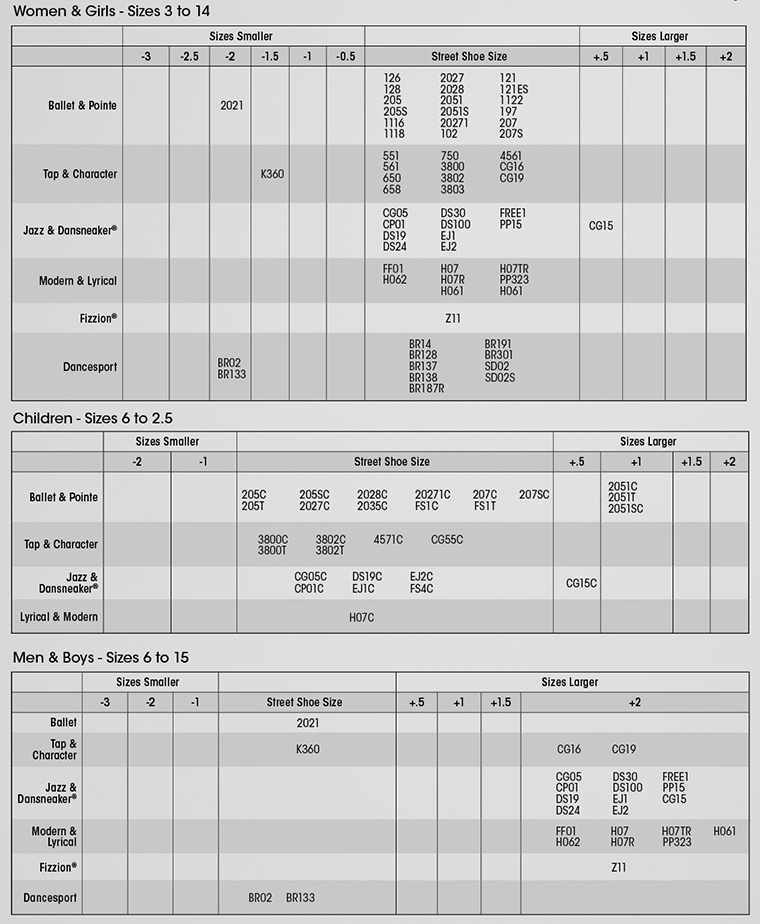 Capezio Ballet Shoe Size Chart