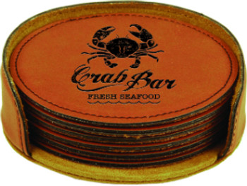 Custom Leatherette Coaster set in Rawhide with a seafood restaurant logo. Custom Leatherette Coaster set in Rawhide with a seafood restaurant logo.