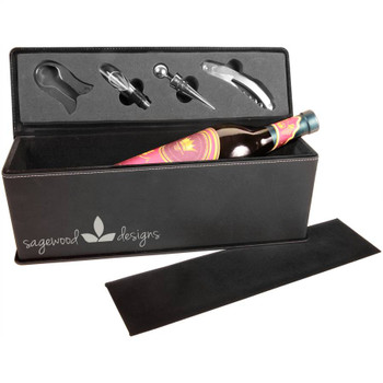 These black wine boxes engrave with a high contrast silver marking to really make your logo or customization POP! These look great with any decor. These black wine boxes engrave with a high contrast silver marking to really make your logo or customization POP! These look great with any decor.