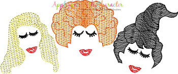 Halloween Sister Three Hocus Pocus with Eyelashes Bean Stitch Design Halloween Sister Three Hocus Pocus with Eyelashes Bean Stitch Design