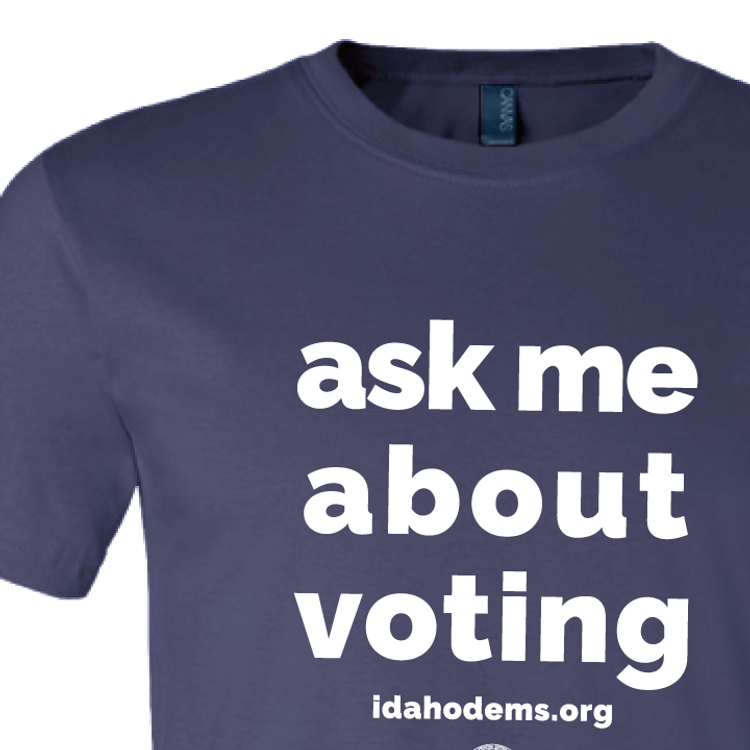 "Ask Me About Voting" logo graphic on (Navy Tee)