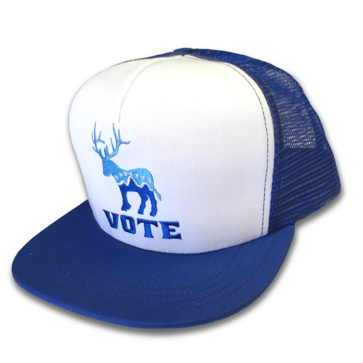 "Donkalope Vote" logo graphic (Embroidery on White and Blue Trucker Cap)