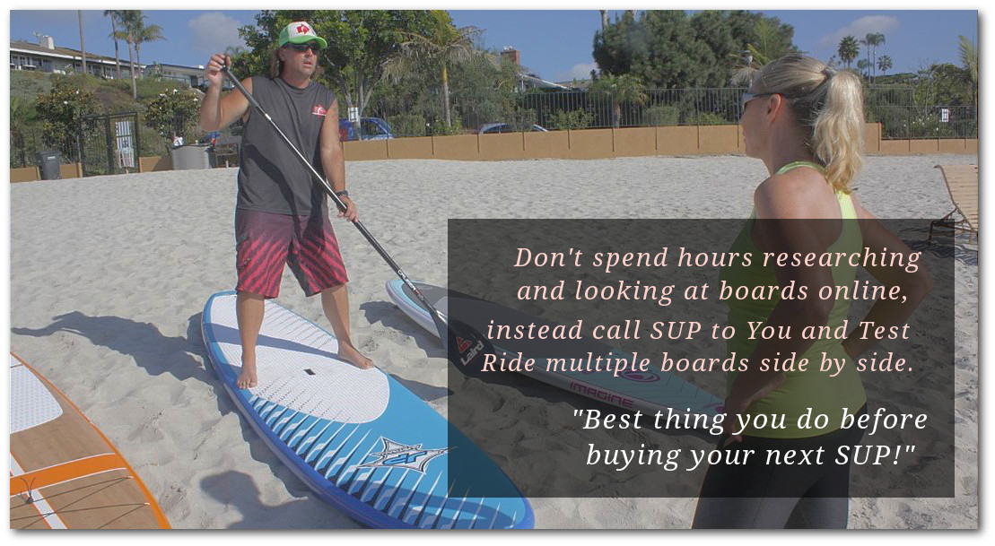 Private demo for multiple stand up paddle boards test ride at a beach in Newport