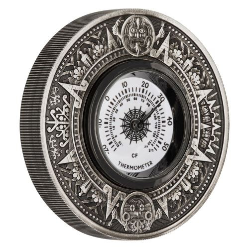 THERMOMETER Aztec Calendar 2 Oz Silver Coin 2$ Tuvalu 2018 THERMOMETER Aztec Calendar 2 Oz Silver Coin 2$ Tuvalu 2018