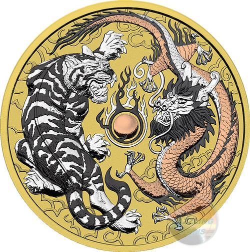 TIGER & DRAGON 1 oz Ruthenium, Rose Gold, Silver PLATED coin AUS 2018 TIGER & DRAGON 1 oz Ruthenium, Rose Gold, Silver PLATED coin AUS 2018