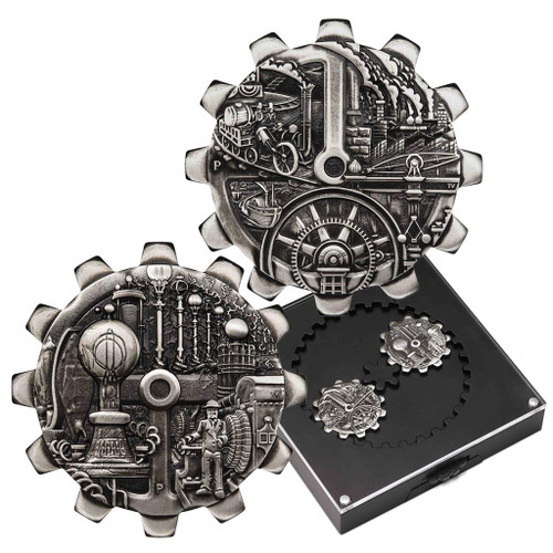EVOLUTION OF INDUSTRY Set 2x1 Oz Silver GEAR SHAPED COIN Tuvalu 2018 EVOLUTION OF INDUSTRY Set 2x1 Oz Silver GEAR SHAPED COIN Tuvalu 2018