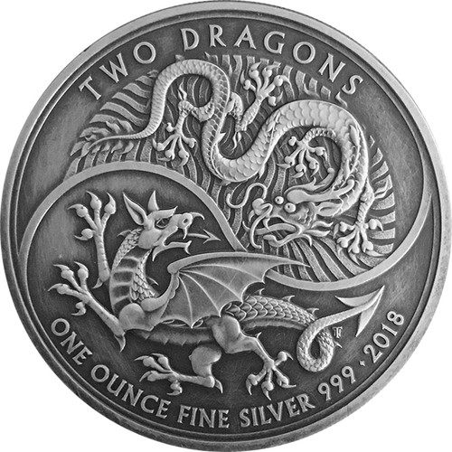 TWO DRAGONS Antique Finish 1 Oz Silver Coin 2£ United Kingdom 2018 TWO DRAGONS Antique Finish 1 Oz Silver Coin 2£ United Kingdom 2018