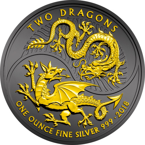 TWO DRAGONS Black Ruthenium & 24K Gold Pl. 1 Oz Silver Coin UK 2018 TWO DRAGONS Black Ruthenium & 24K Gold Pl. 1 Oz Silver Coin UK 2018
