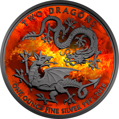 BURNING TWO DRAGONS Black Ruthenium & Color 1 Oz Silver Coin UK 2018 BURNING TWO DRAGONS Black Ruthenium & Color 1 Oz Silver Coin UK 2018