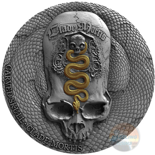 CARVED SKULL - CLADE MORTIS 1oz Silver Coin Antique finish 24K Gilded Cameroon 2018 CARVED SKULL - CLADE MORTIS 1oz Silver Coin Antique finish 24K Gilded Cameroon 2018
